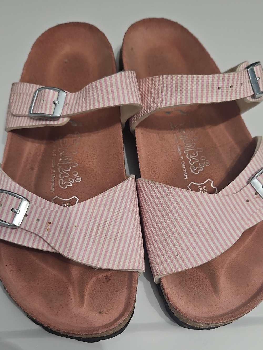 Women’s Pink Striped Dual-Buckle Slide Birkis Sandals